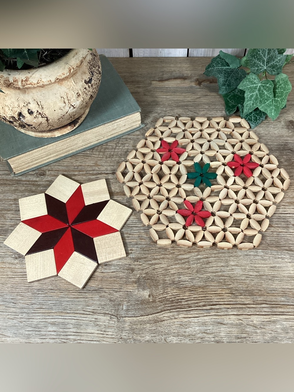 Vintage Wood Trivets - Bamboo Bead And West Germany Quilt Star
